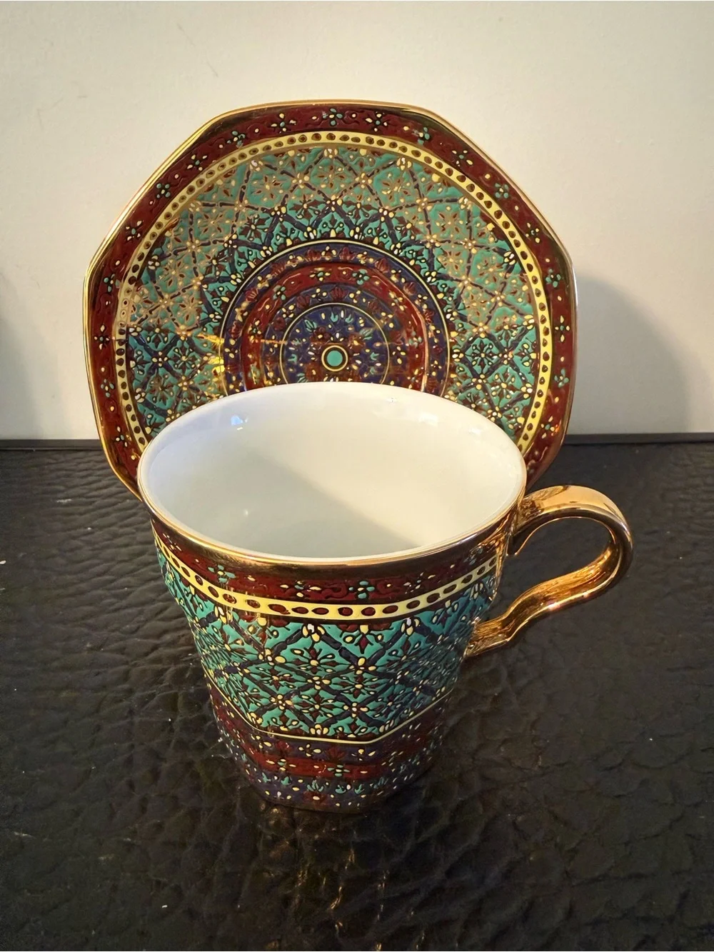 PIPATANA BENJARONG Green red and Gold Porcelain Teacup with Saucer.